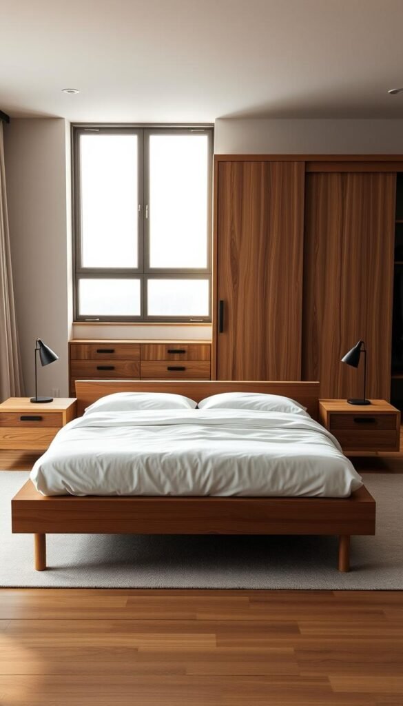 A well-crafted, modern Bloxburg-style bedroom featuring a set of custom-designed furniture. In the foreground, a minimalist wooden bed frame with clean lines and a plush white duvet. Floating nightstands in a matching finish flank the bed, each with a sleek reading lamp. In the middle ground, a freestanding wardrobe with sliding doors, subtly detailed to complement the other pieces. The background showcases a large window bathed in soft, natural light, offering a serene view. The overall aesthetic is one of simplicity, functionality, and a touch of industrial chic, creating a harmonious, personalized space.