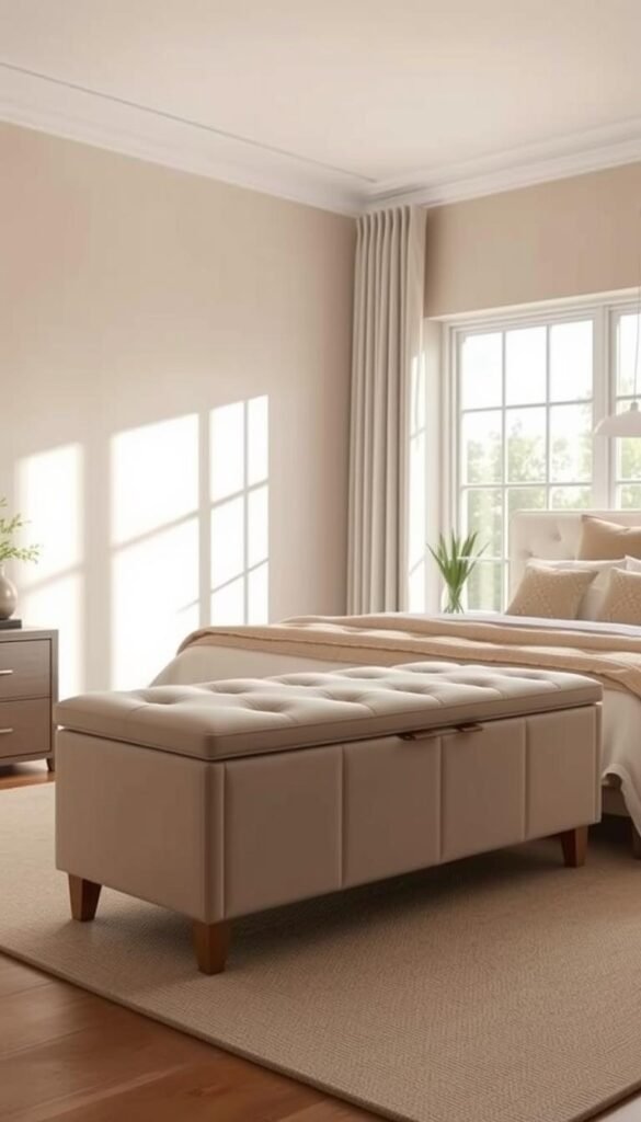 A well-crafted, multifunctional storage bench ottoman with clean, modern lines stands prominently in a sun-drenched bedroom. Soft, muted tones create a calming atmosphere, while intelligent design maximizes storage space. Plush, tufted upholstery invites relaxation, while sturdy wooden legs provide a stable foundation. Warm, diffused lighting from a large window bathes the scene in a gentle glow, highlighting the bench's sleek, minimalist aesthetic. The overall effect is one of practical functionality seamlessly blended with refined style, perfectly suited to the "Add a Storage Bench or Ottoman" section of the "Genius Bedroom Layout Ideas That Maximize Every Inch" article. A well-crafted, multifunctional storage bench ottoman with clean, modern lines stands prominently in a sun-drenched bedroom. Soft, muted tones create a calming atmosphere, while intelligent design maximizes storage space. Plush, tufted upholstery invites relaxation, while sturdy wooden legs provide a stable foundation. Warm, diffused lighting from a large window bathes the scene in a gentle glow, highlighting the bench's sleek, minimalist aesthetic. The overall effect is one of practical functionality seamlessly blended with refined style, perfectly suited to the "Add a Storage Bench or Ottoman" section of the "Genius Bedroom Layout Ideas That Maximize Every Inch" article.