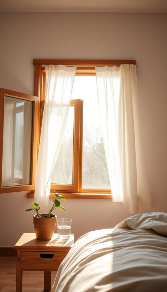 A well-lit, airy bedroom with an open window, letting in fresh, clean air. The window frame is made of natural wood, with sheer white curtains gently billowing in the breeze. Sunlight streams in, casting a warm, golden glow throughout the space. In the foreground, a wooden nightstand with a potted plant and a glass of water, symbolizing the importance of air quality and hydration for healthy sleep. The background features a minimalist, Scandinavian-inspired decor, with neutral tones and natural materials creating a calming, serene atmosphere. The entire scene exudes a sense of tranquility and rejuvenation, perfectly capturing the essence of "Air Quality and Ventilation for Healthier Sleep".