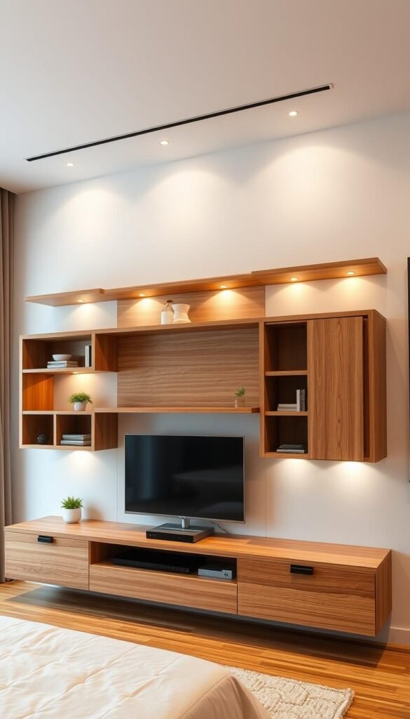 A well-lit bedroom with a striking feature wall showcasing an array of functional furniture pieces. The wall is adorned with a seamless blend of floating shelves, wall-mounted cabinets, and a central media unit, all crafted from warm, natural wood tones. Ambient lighting emanates from concealed fixtures, casting a cozy, inviting glow. The arrangement is both aesthetically pleasing and highly practical, with ample storage and display space. The room's overall atmosphere is one of refined simplicity, where form and function harmoniously converge to create a captivating focal point.