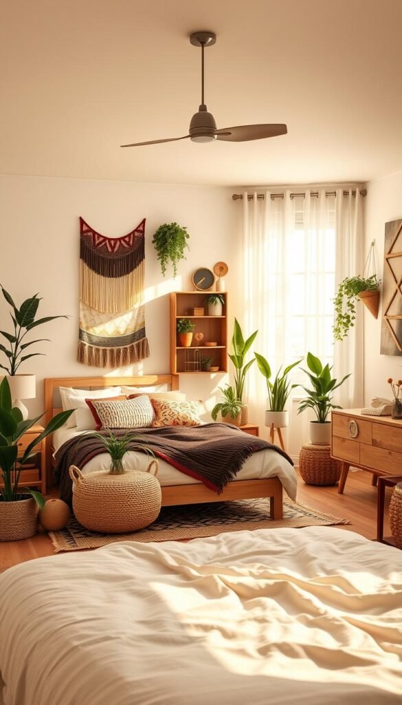 A well-lit, detailed interior scene showcasing various Bloxburg-inspired style themes for a cozy bedroom. In the foreground, a minimalist, modern Scandinavian-inspired theme with clean lines, natural wood tones, and a neutral color palette. In the middle ground, a vibrant, eclectic theme featuring colorful textiles, bohemian accents, and lush potted plants. In the background, a rustic, farmhouse-style theme with distressed wood furnishings, shiplap walls, and cozy textiles. The scene is bathed in warm, diffused lighting, creating a inviting and inspiring atmosphere. The overall composition highlights the versatility and personalization possible when selecting a cohesive Bloxburg style theme for a virtual bedroom.