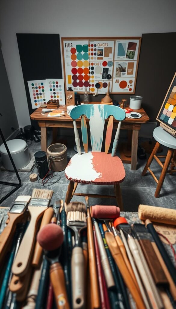 A well-lit, high-angle studio shot showcasing various furniture painting techniques. In the foreground, an array of painting tools - brushes, rollers, sponges - arranged neatly. In the middle ground, a wooden chair with a partially painted surface, revealing the process of color application and texture creation. In the background, a table displaying different paint samples, color swatches, and inspirational mood boards. The lighting is soft and diffused, creating an inviting, creative atmosphere. The overall scene conveys a sense of experimentation, artistry, and the DIY spirit of transforming ordinary furniture into unique, personalized pieces.