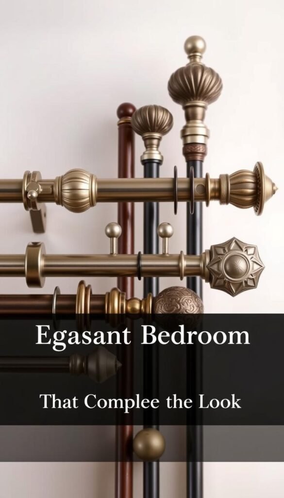 A well-lit, high-quality photograph of an elegant arrangement of various curtain rods and hardware options against a soft, neutral backdrop. The rods should be made of high-quality materials such as brushed metal, wood, or decorative finishes, showcasing a range of styles and sizes. The hardware, including finials, brackets, and rings, should be prominently featured, highlighting the different design choices available. The overall composition should convey a sense of sophistication and attention to detail, perfectly complementing the "Elegant Bedroom Curtain Ideas That Complete the Look" theme.