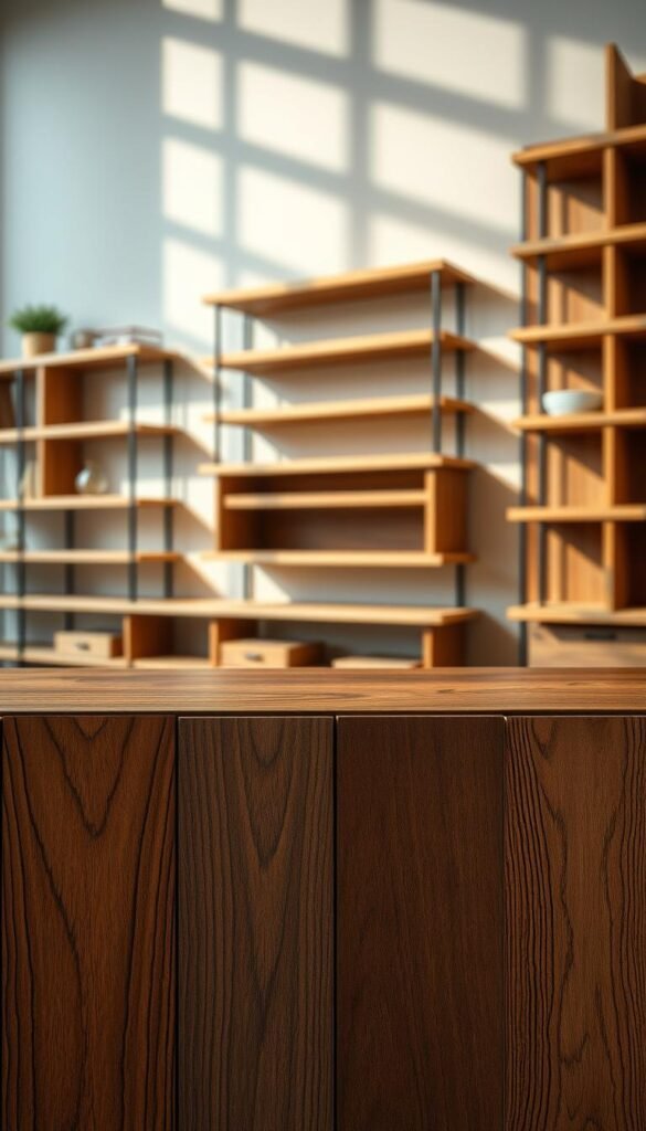 A well-lit, high-quality photograph showcasing an elegant selection of wooden shelves in various finishes and colors. The foreground features close-up shots of different wood grains, stains, and textures, allowing the viewer to appreciate the nuanced details. In the middle ground, the shelves are arranged in a visually appealing display, highlighting how the finish and color can impact the overall aesthetic. The background softly blurs to emphasize the main subject, creating a sense of depth and focus. The lighting is warm and natural, casting gentle shadows that accentuate the depth and dimension of the materials. The overall mood is one of sophistication, inspiration, and a refined design sensibility. A well-lit, high-quality photograph showcasing an elegant selection of wooden shelves in various finishes and colors. The foreground features close-up shots of different wood grains, stains, and textures, allowing the viewer to appreciate the nuanced details. In the middle ground, the shelves are arranged in a visually appealing display, highlighting how the finish and color can impact the overall aesthetic. The background softly blurs to emphasize the main subject, creating a sense of depth and focus. The lighting is warm and natural, casting gentle shadows that accentuate the depth and dimension of the materials. The overall mood is one of sophistication, inspiration, and a refined design sensibility.