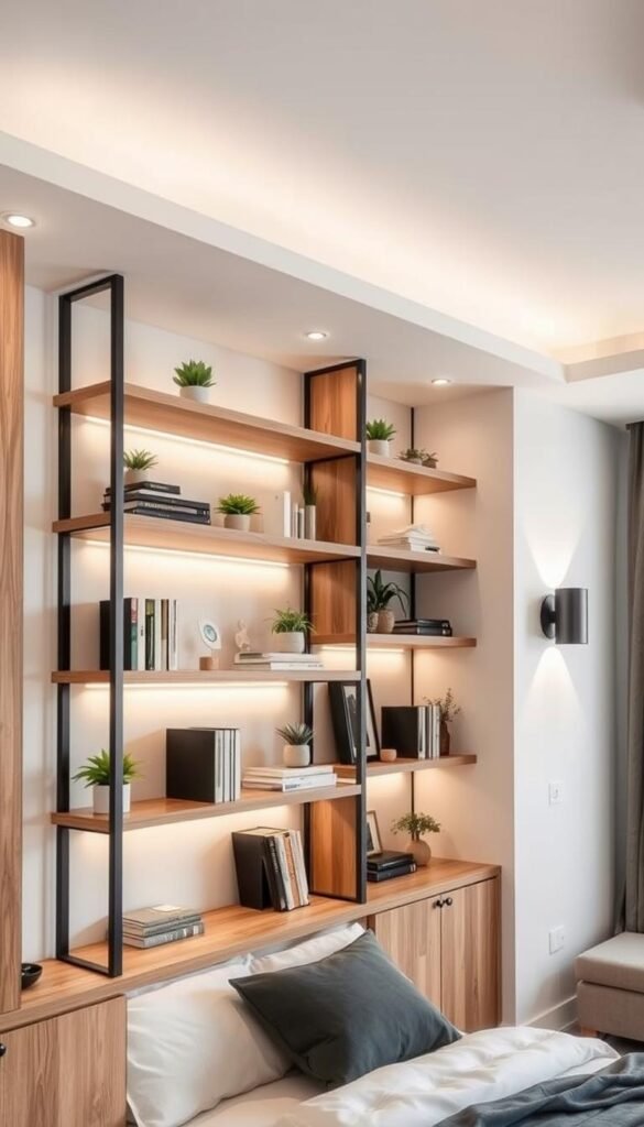 A well-lit, modern bedroom interior with a tasteful, built-in shelving system. The shelves feature a mix of wooden and metal accents, strategically placed to maximize storage and visual appeal. Decorative elements like plants, books, and minimal accessories adorn the shelves, creating a harmonious, uncluttered look. The lighting is a combination of recessed ceiling fixtures and wall-mounted sconces, casting a warm, inviting glow. The overall atmosphere is calm, organized, and conducive to relaxation. The camera captures the scene from a slightly elevated angle, showcasing the efficient use of vertical space and the thoughtful design of the shelving solution. A well-lit, modern bedroom interior with a tasteful, built-in shelving system. The shelves feature a mix of wooden and metal accents, strategically placed to maximize storage and visual appeal. Decorative elements like plants, books, and minimal accessories adorn the shelves, creating a harmonious, uncluttered look. The lighting is a combination of recessed ceiling fixtures and wall-mounted sconces, casting a warm, inviting glow. The overall atmosphere is calm, organized, and conducive to relaxation. The camera captures the scene from a slightly elevated angle, showcasing the efficient use of vertical space and the thoughtful design of the shelving solution.