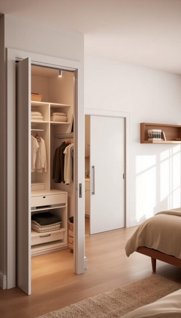 A well-lit, modern bedroom with a focus on creative door storage solutions. In the foreground, a closet door opens to reveal a hidden storage system, featuring shelves, rods, and compartments for organizing clothes, linens, and household items. The middle ground showcases a sliding door that conceals a built-in vanity or desk, blending seamlessly with the room's decor. In the background, a floating wall-mounted cabinet or shelving unit adds additional discreet storage, complementing the overall sleek and minimalist aesthetic. Warm, natural lighting and a muted color palette create a calming, organized atmosphere.