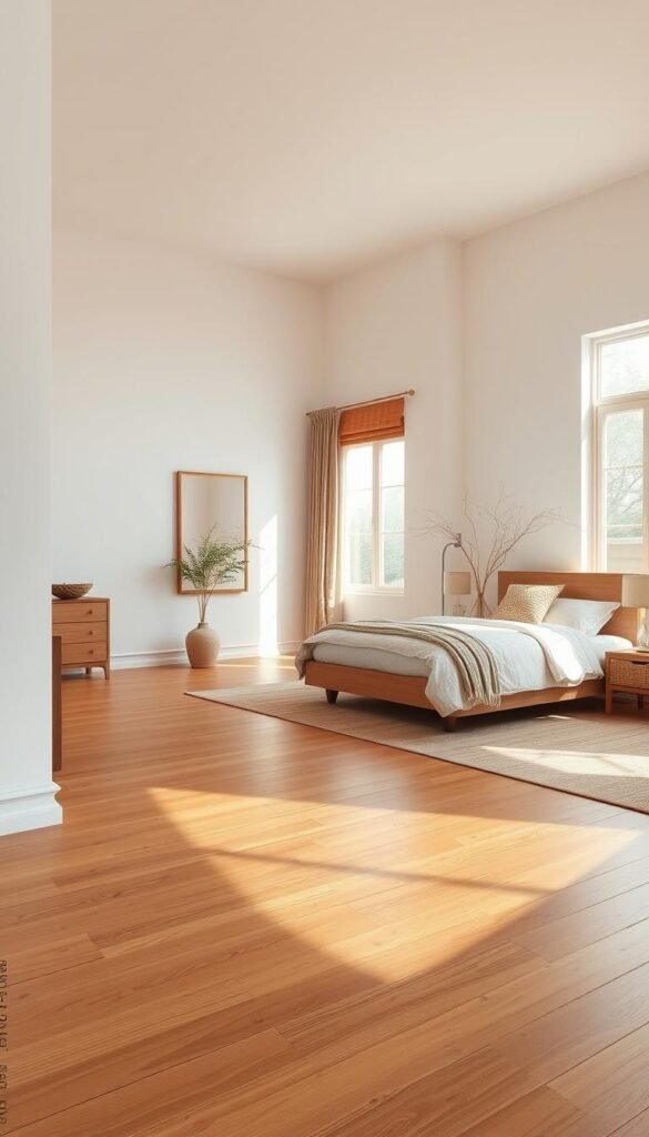 A well-lit, spacious bedroom interior with a stunning sustainable cork bamboo floor in a warm, natural tone. The floor has a smooth, even texture and a subtle grain pattern that adds visual interest. Soft, diffused lighting from large windows bathes the room in a gentle, calming glow, highlighting the floor's rich hues and eco-friendly properties. Complementary earthy tones and natural materials, such as wooden furniture and woven accents, create a cohesive, serene atmosphere. The overall aesthetic is one of understated elegance, reflecting a commitment to environmental sustainability and a desire for a peaceful, harmonious living space. A well-lit, spacious bedroom interior with a stunning sustainable cork bamboo floor in a warm, natural tone. The floor has a smooth, even texture and a subtle grain pattern that adds visual interest. Soft, diffused lighting from large windows bathes the room in a gentle, calming glow, highlighting the floor's rich hues and eco-friendly properties. Complementary earthy tones and natural materials, such as wooden furniture and woven accents, create a cohesive, serene atmosphere. The overall aesthetic is one of understated elegance, reflecting a commitment to environmental sustainability and a desire for a peaceful, harmonious living space.