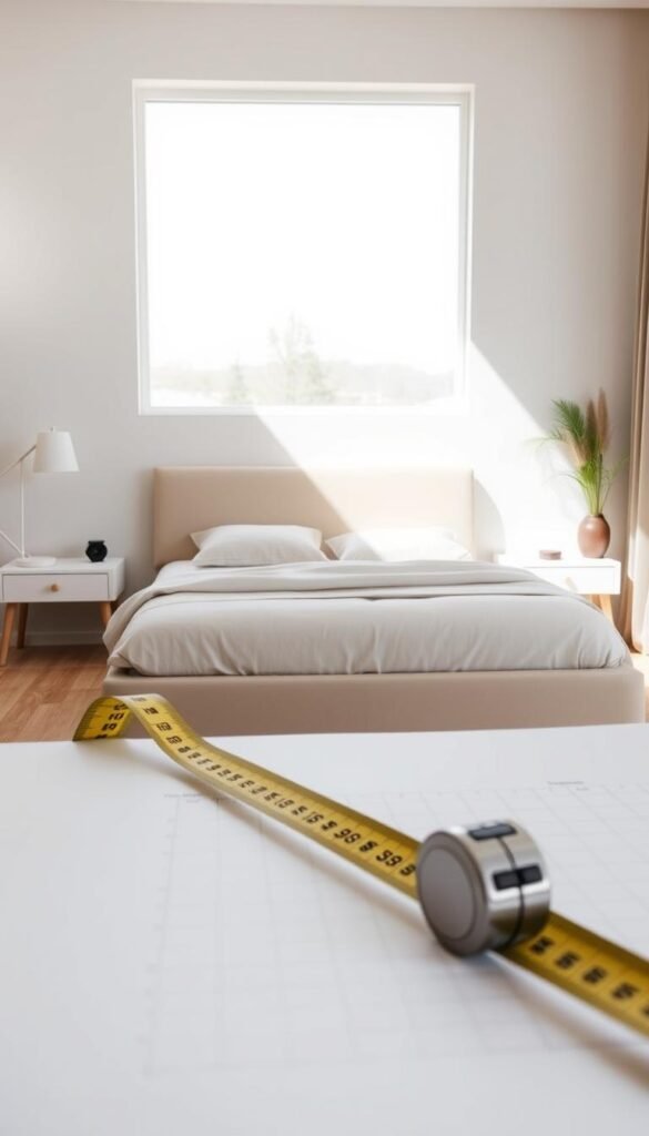 A well-lit, spacious bedroom with a calming, minimalist aesthetic. The foreground features a tape measure and graph paper, hinting at the process of planning and measuring the room's dimensions. The middle ground showcases a simple, contemporary bed frame with plush bedding, flanked by minimalist nightstands. The background depicts a neutral-toned wall with a large window, allowing natural light to flood the space and create a serene, airy atmosphere. The overall composition suggests a tranquil, organized environment, perfect for visualizing and budgeting a bedroom renovation.