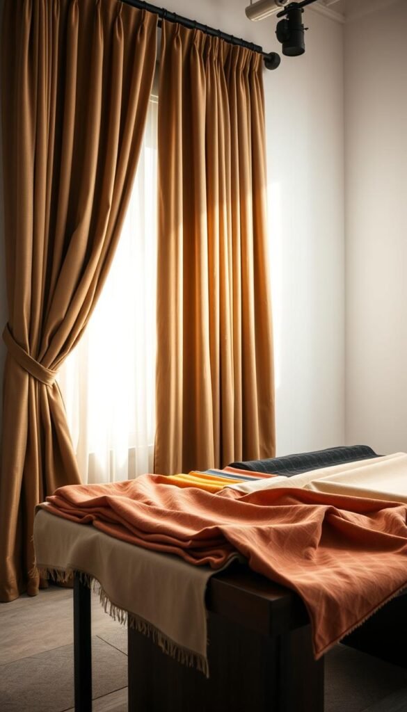 A well-lit studio setting, with a table displaying an array of luxurious curtain fabric samples. The fabrics are arranged in an organized, yet visually appealing manner, showcasing a range of colors, textures, and patterns. The lighting is soft and diffused, creating a warm, inviting atmosphere that highlights the nuances and quality of the materials. The camera angle captures the scene from a slight overhead perspective, allowing the viewer to appreciate the tactile nature of the fabrics and the thoughtful curation of the display. The background is clean and minimal, keeping the focus on the curtain samples and their tactile qualities.