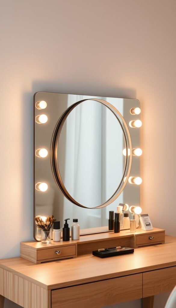 A well-lit vanity setup with a classic Hollywood-style mirror, surrounded by a ring of warm, dimmable LED lights. The mirror is mounted on a sleek, minimalist vanity table made of light wood, with plenty of surface space for makeup and accessories. The lighting casts a soft, flattering glow, creating the perfect ambiance for an intimate morning routine or evening makeup application. The scene is set against a neutral, calming backdrop, allowing the vanity to take center stage and showcase its functional beauty.