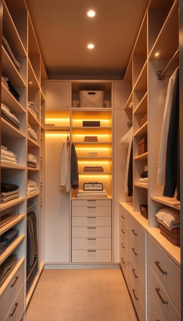 A well-organized closet system with ample shelving, drawers, and hanging rods. The interior is brightly lit by warm, diffused lighting, creating a welcoming and serene atmosphere. The shelves are neatly arranged with folded clothes, storage bins, and carefully curated accessories. Sleek, minimalist design elements blend seamlessly with functional storage solutions, creating a visually appealing and efficient closet space. The camera angle showcases the depth and versatility of the system, inviting the viewer to imagine the perfect storage solution for their own bedroom.