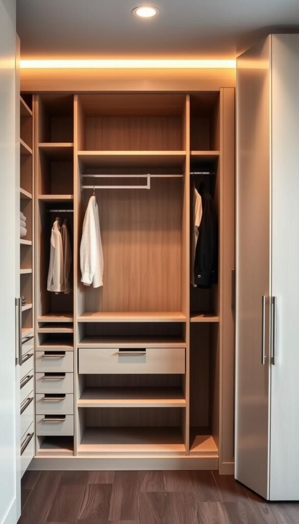 A well-organized closet system with clean lines and minimal design. A central shelf unit with adjustable shelves and hanging rods, flanked by built-in drawers and cubbies. Warm, diffused lighting from above casts a soft glow, creating a sense of tranquility. The closet doors are sleek and seamless, blending into the surrounding wall for a cohesive, streamlined look. The entire setup is designed to maximize storage and visual clarity, allowing for a clutter-free, harmonious bedroom environment.