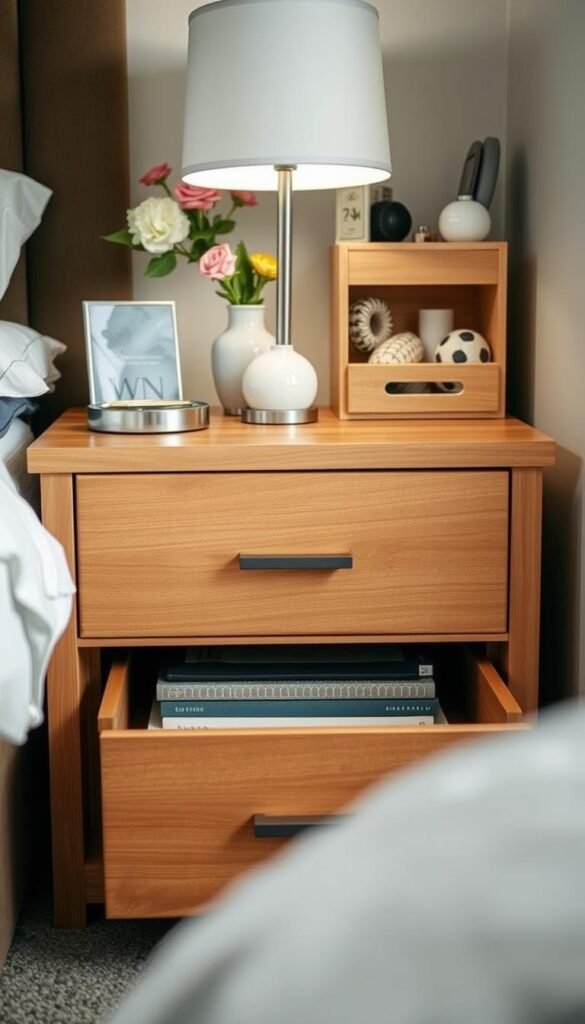 A well-organized, cozy nightstand with two deep drawers and a variety of storage organizers on top. The drawers have sleek, minimalist handles and the organizers include a small desk lamp, a vase with fresh flowers, and various trinkets and knickknacks neatly arranged. The nightstand is made of warm, medium-toned wood, lending a rustic yet refined ambiance to the scene. The lighting is soft and diffused, creating a serene, inviting atmosphere. Shot from a slight angle to showcase the nightstand's elegant design and practical storage solutions.