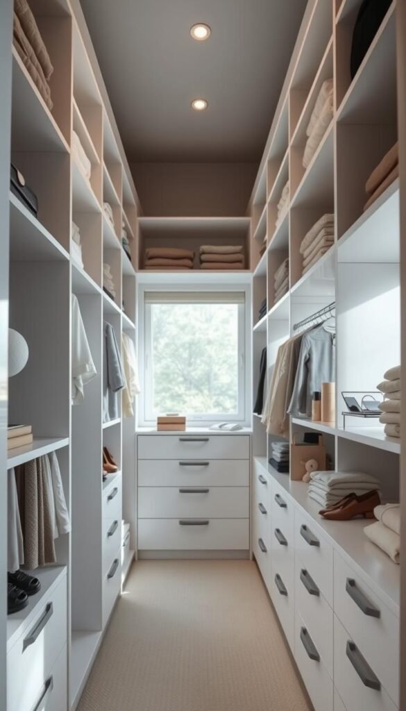 A well-organized walk-in wardrobe with pristine white shelves, rods, and drawers. Soft, diffused natural light filters through large windows, creating a bright, airy atmosphere. Neatly folded clothes, hanging garments, and carefully arranged accessories fill the space, showcasing a methodical yet stylish approach to storage. The camera captures the wardrobe from a slightly elevated angle, highlighting its depth and the efficient use of vertical space. Neutral tones and clean lines convey a sense of tranquility and balance, reflecting the ultimate in bedroom wardrobe organization. A well-organized walk-in wardrobe with pristine white shelves, rods, and drawers. Soft, diffused natural light filters through large windows, creating a bright, airy atmosphere. Neatly folded clothes, hanging garments, and carefully arranged accessories fill the space, showcasing a methodical yet stylish approach to storage. The camera captures the wardrobe from a slightly elevated angle, highlighting its depth and the efficient use of vertical space. Neutral tones and clean lines convey a sense of tranquility and balance, reflecting the ultimate in bedroom wardrobe organization.