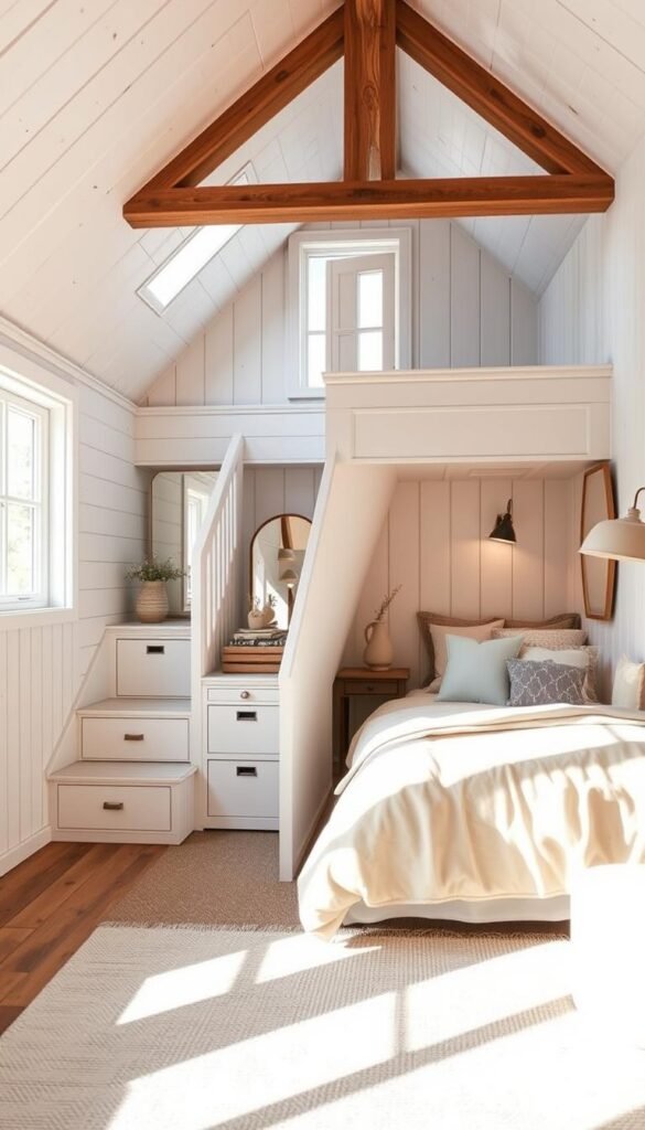 An airy and inviting attic bedroom, its compact layout cleverly optimized with a seamless staircase-storage integration. Warm lighting filters through the dormer windows, casting a cozy glow over the whitewashed wood-paneled walls. A custom-built staircase features discreet drawers and cabinets, blending function and form. Plush, neutral-toned bedding and soft textiles create a serene and relaxing ambiance, while strategically placed mirrors enhance the sense of spaciousness. Minimalist decor accents in natural materials complement the rustic-chic aesthetic, showcasing how thoughtful design can transform an attic into a harmonious, multifunctional living space. An airy and inviting attic bedroom, its compact layout cleverly optimized with a seamless staircase-storage integration. Warm lighting filters through the dormer windows, casting a cozy glow over the whitewashed wood-paneled walls. A custom-built staircase features discreet drawers and cabinets, blending function and form. Plush, neutral-toned bedding and soft textiles create a serene and relaxing ambiance, while strategically placed mirrors enhance the sense of spaciousness. Minimalist decor accents in natural materials complement the rustic-chic aesthetic, showcasing how thoughtful design can transform an attic into a harmonious, multifunctional living space.