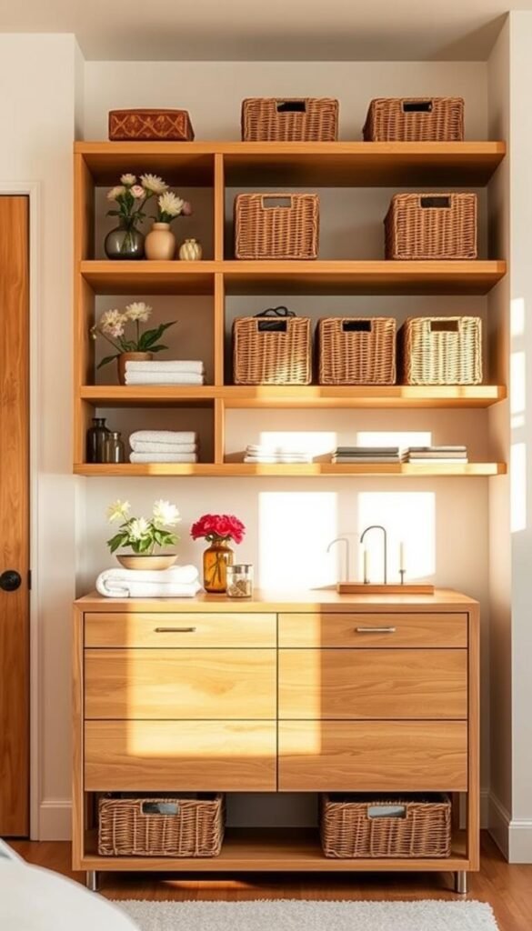 An artfully arranged guest bedroom storage solution with a mix of wooden shelving, wicker baskets, and sleek floating drawers. The scene is bathed in warm, natural light, creating a cozy, inviting atmosphere. In the foreground, a series of open shelves display neatly folded towels, fresh flowers, and decorative accents. In the middle ground, a low-profile dresser with drawers in a natural wood finish provides ample storage space. Behind, a set of wicker baskets on floating shelves offer additional concealed storage for guest belongings. The overall arrangement strikes a balance between form and function, elevating the practical needs of the guest with thoughtful, visually appealing design. An artfully arranged guest bedroom storage solution with a mix of wooden shelving, wicker baskets, and sleek floating drawers. The scene is bathed in warm, natural light, creating a cozy, inviting atmosphere. In the foreground, a series of open shelves display neatly folded towels, fresh flowers, and decorative accents. In the middle ground, a low-profile dresser with drawers in a natural wood finish provides ample storage space. Behind, a set of wicker baskets on floating shelves offer additional concealed storage for guest belongings. The overall arrangement strikes a balance between form and function, elevating the practical needs of the guest with thoughtful, visually appealing design.