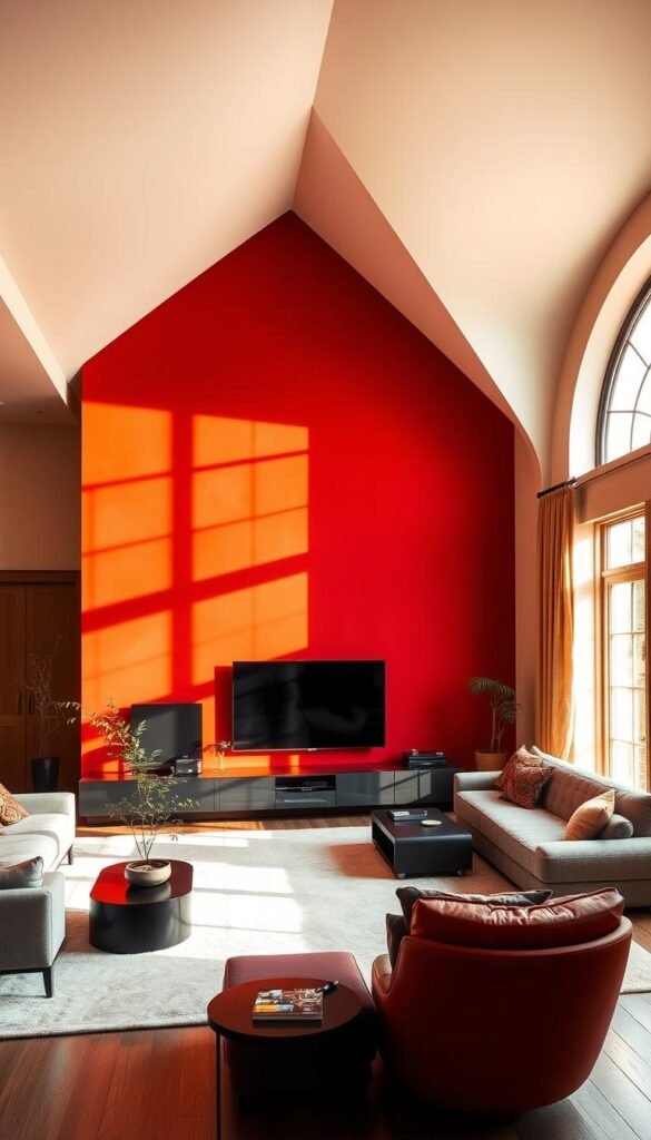An elegant living room with a vibrant accent wall in a rich, saturated hue. The wall is the focal point, bathed in warm, directional lighting that casts dramatic shadows and highlights the textural details of the paint. The surrounding space is minimalist and airy, allowing the accent wall to truly shine. A large window floods the room with natural light, casting a soft, ambient glow. The overall mood is one of refined sophistication and inviting warmth, inspiring creativity and calm. An elegant living room with a vibrant accent wall in a rich, saturated hue. The wall is the focal point, bathed in warm, directional lighting that casts dramatic shadows and highlights the textural details of the paint. The surrounding space is minimalist and airy, allowing the accent wall to truly shine. A large window floods the room with natural light, casting a soft, ambient glow. The overall mood is one of refined sophistication and inviting warmth, inspiring creativity and calm.