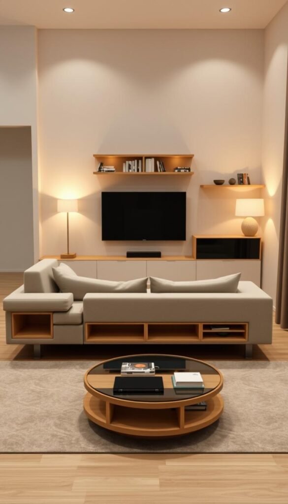 An elegantly designed multifunctional floating furniture arrangement for a cozy small living room. In the foreground, a modular sofa with built-in storage and adjustable armrests hovers effortlessly above the floor. In the middle ground, a circular coffee table with a tempered glass top and hidden shelves provides additional surface space. In the background, wall-mounted bookshelves and a floating media console create the illusion of more space. Warm, diffused lighting from minimalist lamps casts a inviting ambiance. The furniture pieces are crafted from light-colored wood and complemented by muted upholstery, blending seamlessly with the clean, modern decor. An elegantly designed multifunctional floating furniture arrangement for a cozy small living room. In the foreground, a modular sofa with built-in storage and adjustable armrests hovers effortlessly above the floor. In the middle ground, a circular coffee table with a tempered glass top and hidden shelves provides additional surface space. In the background, wall-mounted bookshelves and a floating media console create the illusion of more space. Warm, diffused lighting from minimalist lamps casts a inviting ambiance. The furniture pieces are crafted from light-colored wood and complemented by muted upholstery, blending seamlessly with the clean, modern decor.