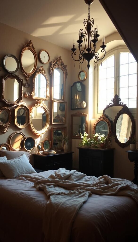 An elegantly lit attic bedroom, the soft glow of afternoon sunlight cascading through a large window, illuminating an array of antique mirrors positioned to reflect and multiply the warm luminescence. The mirrors, some ornate and gilded, others simple and modern, are arranged artfully along the sloped walls, creating a mesmerizing play of light and shadow. The bedroom's cozy, intimate atmosphere is heightened by the mirrors' ability to visually expand the space, making the room feel open and airy. A plush, neutral-toned bedding complements the muted tones of the wood and stone, while delicate details like a vintage chandelier or potted plants add touches of organic elegance. An elegantly lit attic bedroom, the soft glow of afternoon sunlight cascading through a large window, illuminating an array of antique mirrors positioned to reflect and multiply the warm luminescence. The mirrors, some ornate and gilded, others simple and modern, are arranged artfully along the sloped walls, creating a mesmerizing play of light and shadow. The bedroom's cozy, intimate atmosphere is heightened by the mirrors' ability to visually expand the space, making the room feel open and airy. A plush, neutral-toned bedding complements the muted tones of the wood and stone, while delicate details like a vintage chandelier or potted plants add touches of organic elegance.