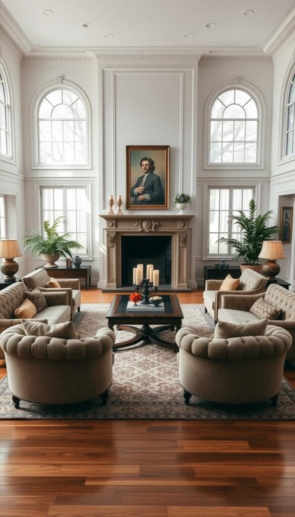 An elegantly symmetrical living room design with a classic, formal aesthetic. The room features a central fireplace mantel flanked by tall, arched windows that let in soft, diffused natural light. Plush, tufted sofas and armchairs are arranged in a perfectly balanced layout around a large, ornate coffee table. Decorative elements like antique vases, candles, and lush greenery create a warm, sophisticated ambiance. The wooden floors are covered by a large, patterned area rug that ties the space together. The overall composition exudes an air of timeless elegance and refined taste, perfect for hosting formal gatherings in style.