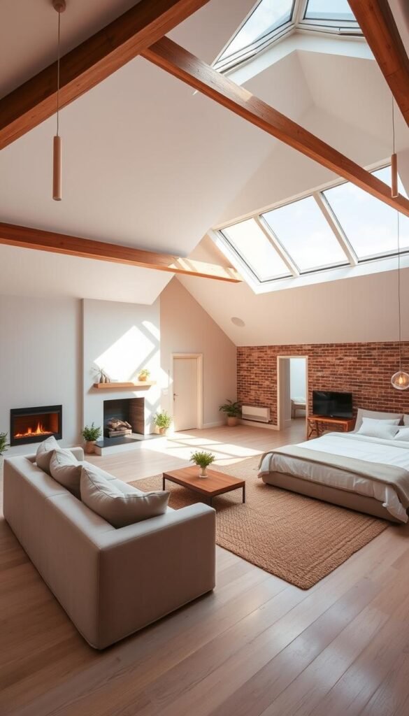An open concept attic suite with a large skylight flooding the space with warm, natural light. Sleek, modern furniture in neutral tones create a minimalist, airy aesthetic. A plush, oversized sofa faces a crackling fireplace, while a low, wooden coffee table sits atop a woven area rug. A king-size bed with crisp, white linens is positioned to take in the view through the skylight. Exposed beams and brick walls add rustic charm, complemented by decorative pendant lights and potted greenery. The layout is open and fluid, seamlessly blending the sleeping, living, and relaxation areas into one cohesive, inviting retreat. An open concept attic suite with a large skylight flooding the space with warm, natural light. Sleek, modern furniture in neutral tones create a minimalist, airy aesthetic. A plush, oversized sofa faces a crackling fireplace, while a low, wooden coffee table sits atop a woven area rug. A king-size bed with crisp, white linens is positioned to take in the view through the skylight. Exposed beams and brick walls add rustic charm, complemented by decorative pendant lights and potted greenery. The layout is open and fluid, seamlessly blending the sleeping, living, and relaxation areas into one cohesive, inviting retreat.