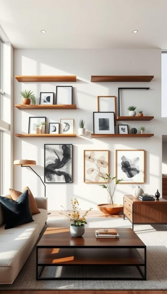 Asymmetrical wall arrangements in a modern living room with natural lighting streaming through large windows. Sleek, minimalist shelves and frames in contrasting materials like wood and metal, arranged in a balanced, asymmetric pattern across the walls. Pops of greenery and abstract artwork add depth and visual interest. The overall effect is one of harmonious, understated elegance that elevates the space. Captured with a wide-angle lens to showcase the full scale of the room. Asymmetrical wall arrangements in a modern living room with natural lighting streaming through large windows. Sleek, minimalist shelves and frames in contrasting materials like wood and metal, arranged in a balanced, asymmetric pattern across the walls. Pops of greenery and abstract artwork add depth and visual interest. The overall effect is one of harmonious, understated elegance that elevates the space. Captured with a wide-angle lens to showcase the full scale of the room.