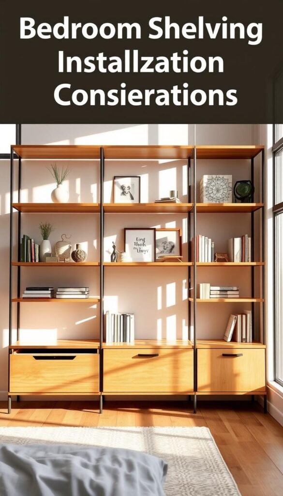 Bedroom shelving installation considerations: a spacious, well-lit room with a clean, modern aesthetic. Foreground features sturdy, modular shelving units in a warm, natural wood tone, arranged with precision to maximize storage space. Middle ground showcases the shelves' versatility, displaying a curated selection of decorative items, books, and personal mementos. Abundant natural light streams in through large windows, casting a soft, ambient glow and accentuating the shelving's clean lines. The overall atmosphere conveys a sense of organization, functionality, and calm, reflecting the article's focus on clever, space-saving bedroom storage solutions. Bedroom shelving installation considerations: a spacious, well-lit room with a clean, modern aesthetic. Foreground features sturdy, modular shelving units in a warm, natural wood tone, arranged with precision to maximize storage space. Middle ground showcases the shelves' versatility, displaying a curated selection of decorative items, books, and personal mementos. Abundant natural light streams in through large windows, casting a soft, ambient glow and accentuating the shelving's clean lines. The overall atmosphere conveys a sense of organization, functionality, and calm, reflecting the article's focus on clever, space-saving bedroom storage solutions.