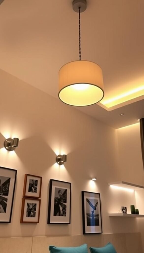 Bedroom wall with a variety of stylish lighting solutions. Soft, ambient sconces cast a warm glow along the walls, complemented by a statement pendant light fixture hanging overhead. Recessed spotlights illuminate key architectural details, while a hidden LED strip along the ceiling's edge creates a subtle, diffused uplighting effect. The walls are adorned with a mix of modern art prints and minimalist shelves, creating a visually balanced and cozy atmosphere. The lighting is carefully arranged to highlight the room's design elements, blending form and function seamlessly. Bedroom wall with a variety of stylish lighting solutions. Soft, ambient sconces cast a warm glow along the walls, complemented by a statement pendant light fixture hanging overhead. Recessed spotlights illuminate key architectural details, while a hidden LED strip along the ceiling's edge creates a subtle, diffused uplighting effect. The walls are adorned with a mix of modern art prints and minimalist shelves, creating a visually balanced and cozy atmosphere. The lighting is carefully arranged to highlight the room's design elements, blending form and function seamlessly.