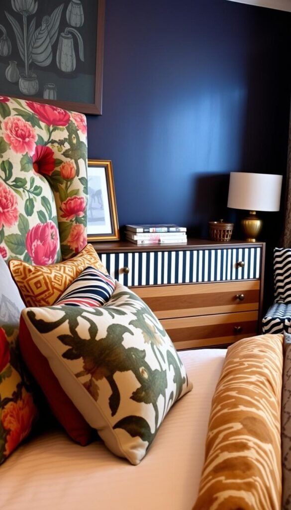 Bedroom with an eclectic mix of patterns, textures, and colors. A plush, oversized headboard in a bold floral print dominates the foreground, complemented by mismatched throw pillows in geometric and abstract patterns. In the middle ground, a mid-century modern dresser with brass hardware serves as a focal point, its drawers adorned with contrasting stripes. The background features a moody, jewel-toned accent wall, creating a cozy, intimate atmosphere. Soft, ambient lighting casts a warm glow, highlighting the harmonious clash of patterns and materials. The overall scene exudes a sense of playful sophistication, inviting the viewer to explore the layered design.