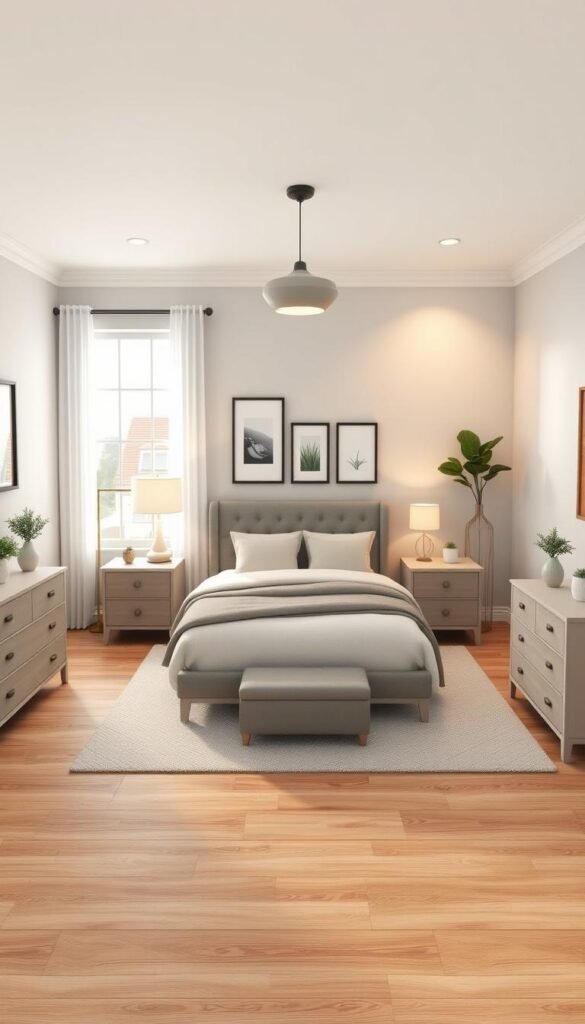 Bloxburg bedroom layout planning: a cozy, well-organized space with a queen-sized bed, nightstands, and a dresser positioned symmetrically. Soft lighting from a pendant fixture and a floor lamp casts a warm glow, complementing the neutral color palette. Minimalist decor, including framed artwork and potted plants, adds touches of personality. A large window offers natural illumination and a view of the virtual neighborhood. The layout is designed for optimal functionality, allowing ample room for movement and storage. Captured from an eye-level perspective, this image showcases the harmonious balance of form and function in a Bloxburg bedroom.