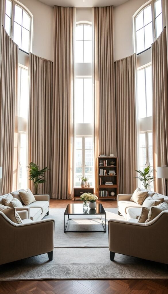 Bright, airy living room with tall windows, natural light streaming in. Elegant curtains in a neutral palette frame the space, accentuating the architectural features. In the foreground, a plush sofa and armchairs are arranged to create a cozy conversation area. The middle ground showcases a sleek coffee table and a minimalist rug, tying the room together. In the background, bookshelves and potted plants add depth and character. The lighting is soft and diffused, creating a serene, inviting atmosphere. A wide-angle lens captures the entire scene, showcasing how the curtains effortlessly solve common living room challenges like privacy, light control, and visual interest.