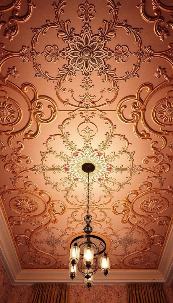 Ceiling wallpaper design ideas: a breathtaking display of intricate patterns and textures, bathed in warm, ambient lighting. Delicate floral motifs dance across the canopy, creating an enchanting, celestial atmosphere. Metallic accents shimmer, reflecting the soft glow of vintage-inspired pendant lights. The design invites the eye upward, transforming the ceiling into a captivating focal point that elevates the entire bedroom space. Meticulously crafted, this wallpaper design seamlessly blends classic elegance with a modern, sophisticated aesthetic. Ceiling wallpaper design ideas: a breathtaking display of intricate patterns and textures, bathed in warm, ambient lighting. Delicate floral motifs dance across the canopy, creating an enchanting, celestial atmosphere. Metallic accents shimmer, reflecting the soft glow of vintage-inspired pendant lights. The design invites the eye upward, transforming the ceiling into a captivating focal point that elevates the entire bedroom space. Meticulously crafted, this wallpaper design seamlessly blends classic elegance with a modern, sophisticated aesthetic.