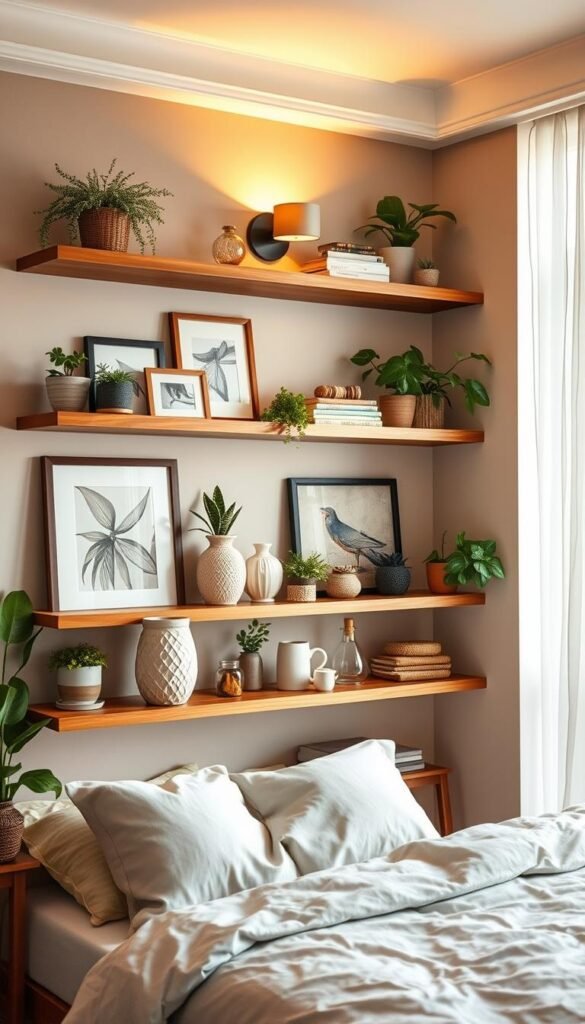 Cozy and inviting bedroom shelving arrangement with a mix of decorative and functional items. Warm lighting from a sconce casts a soft glow, highlighting the carefully curated display. Wooden floating shelves against a neutral wall, accented with framed artwork, potted plants, and a mix of ceramic, glass, and textured decor pieces. The overall feel is relaxed and stylish, striking a balance between form and function. A large window in the background allows natural light to flow in, creating a bright and airy atmosphere. The camera angle is slightly angled to capture the depth and dimension of the shelving display. Cozy and inviting bedroom shelving arrangement with a mix of decorative and functional items. Warm lighting from a sconce casts a soft glow, highlighting the carefully curated display. Wooden floating shelves against a neutral wall, accented with framed artwork, potted plants, and a mix of ceramic, glass, and textured decor pieces. The overall feel is relaxed and stylish, striking a balance between form and function. A large window in the background allows natural light to flow in, creating a bright and airy atmosphere. The camera angle is slightly angled to capture the depth and dimension of the shelving display.
