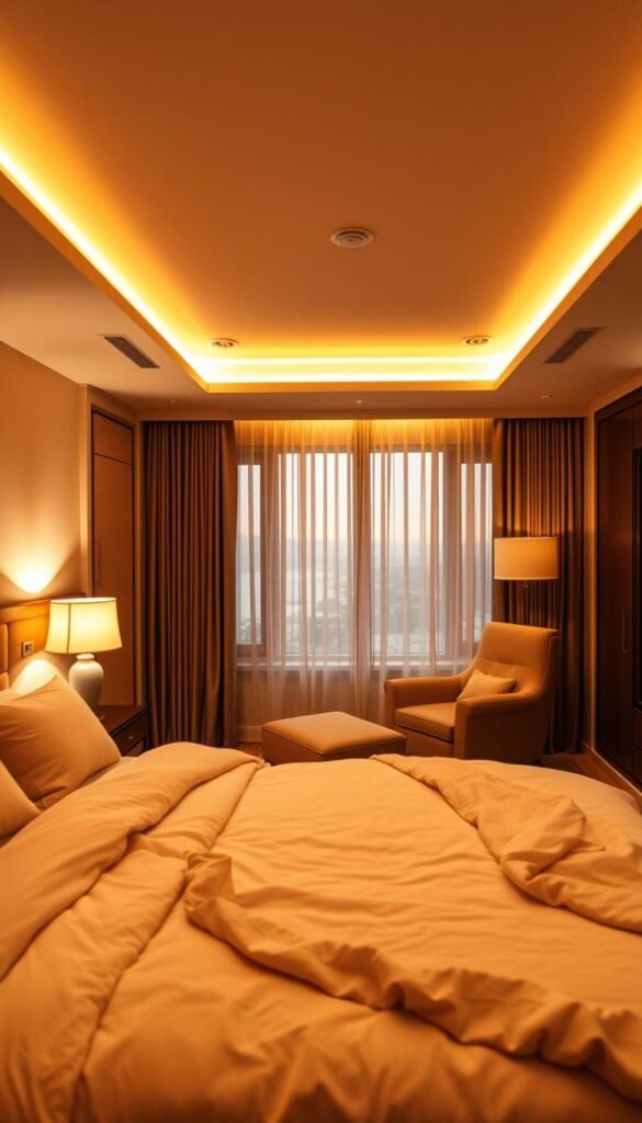 Cozy bedroom interior with soft, warm lighting creating a relaxing atmosphere. A large, comfortable bed takes up the foreground, draped in luxurious bedding. Gentle table lamps on nightstands emit a mellow glow, while recessed ceiling lights provide ambient illumination. The middle ground features a plush armchair and ottoman, ideal for unwinding. The background showcases a tranquil window view, with subtle curtains filtering the natural light. The overall scene evokes a sense of serenity and rest, perfect for a mood-boosting bedroom retreat. Cozy bedroom interior with soft, warm lighting creating a relaxing atmosphere. A large, comfortable bed takes up the foreground, draped in luxurious bedding. Gentle table lamps on nightstands emit a mellow glow, while recessed ceiling lights provide ambient illumination. The middle ground features a plush armchair and ottoman, ideal for unwinding. The background showcases a tranquil window view, with subtle curtains filtering the natural light. The overall scene evokes a sense of serenity and rest, perfect for a mood-boosting bedroom retreat.