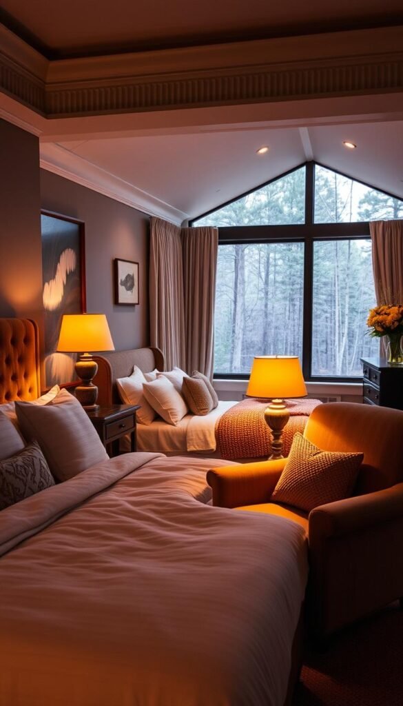 Cozy bedroom retreat with soft, warm lighting and an inviting atmosphere. A plush, tufted headboard dominates the foreground, flanked by matching nightstands with table lamps casting a golden glow. A large, comfy armchair sits in the corner, adorned with fluffy pillows. In the middle ground, a neatly made bed is dressed in luxurious linens and a knitted throw. The background features a large window overlooking a tranquil, wooded landscape, hinting at the serene retreat. Subtle, rustic accents like a wooden dresser and nature-inspired artwork complete the harmonious, relaxing scene.
