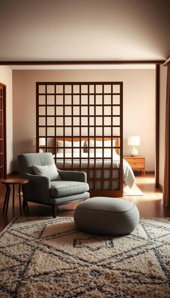 Cozy bedroom sanctuary with distinct functional zones, bathed in soft, warm lighting. In the foreground, a plush, textured area rug defines a relaxation nook with a cozy armchair and side table. Centered in the middle ground, a wooden screen subtly partitions the sleeping and dressing areas, its latticed frame casting gentle shadows. The background showcases a minimalist bed flanked by nightstands, creating a peaceful, uncluttered ambiance. Subtle color palette of muted earth tones and natural materials, elevating the serene, inviting atmosphere.