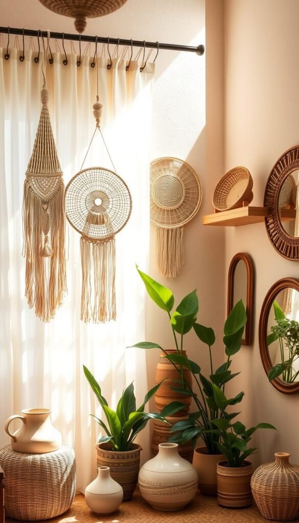 Cozy boho-inspired wall treatments and decor. Warm neutral tones, woven textiles, and natural elements. Macrame wall hangings, woven baskets, and rattan shelves against a soft beige backdrop. Dappled natural lighting filters through sheer curtains, casting a cozy glow. Arrange potted plants, ceramic vessels, and wooden accents to create an inviting, earthy ambiance. Vintage-inspired artwork and antique-inspired mirrors complete the elevated, yet relaxed aesthetic. Lens: 35mm. Angle: slightly elevated, capturing the wall treatments in an intimate, atmospheric composition. Cozy boho-inspired wall treatments and decor. Warm neutral tones, woven textiles, and natural elements. Macrame wall hangings, woven baskets, and rattan shelves against a soft beige backdrop. Dappled natural lighting filters through sheer curtains, casting a cozy glow. Arrange potted plants, ceramic vessels, and wooden accents to create an inviting, earthy ambiance. Vintage-inspired artwork and antique-inspired mirrors complete the elevated, yet relaxed aesthetic. Lens: 35mm. Angle: slightly elevated, capturing the wall treatments in an intimate, atmospheric composition.