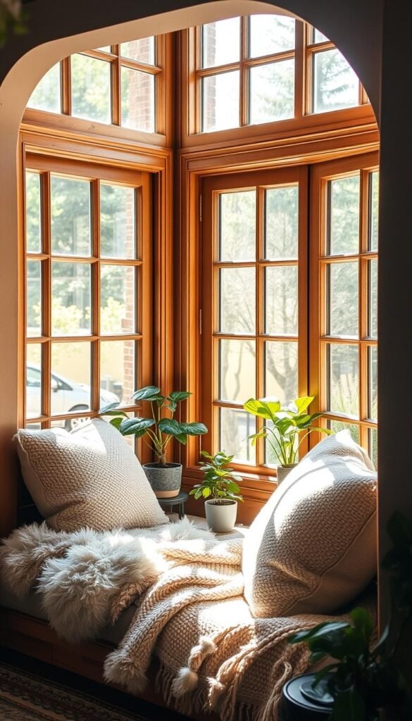 Cozy corner window nook with plush cushions and soft throw blankets, natural light pouring in through paned glass, warm wood accents and textured fabrics creating a welcoming and inviting atmosphere. Intimate seating area with potted plants and a small side table, capturing a sense of comfort and relaxation in a peaceful, sun-drenched space. Cozy corner window nook with plush cushions and soft throw blankets, natural light pouring in through paned glass, warm wood accents and textured fabrics creating a welcoming and inviting atmosphere. Intimate seating area with potted plants and a small side table, capturing a sense of comfort and relaxation in a peaceful, sun-drenched space.