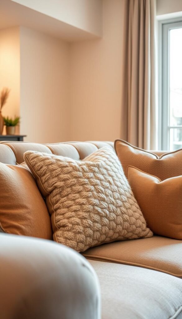 Cozy living room with plush, layered throw pillows in various textures and patterns. A central square pillow in a soft, neutral boucle fabric is surrounded by rectangular pillows in earthy tones and subtle geometric designs. The pillows are arranged artfully on a deep, tufted sofa with warm lighting casting a gentle glow. Soft, diffused light from a large window fills the space, creating a serene, inviting atmosphere perfect for relaxation. The scene is captured from a slightly low, angled perspective to showcase the depth and layering of the pillows. Cozy living room with plush, layered throw pillows in various textures and patterns. A central square pillow in a soft, neutral boucle fabric is surrounded by rectangular pillows in earthy tones and subtle geometric designs. The pillows are arranged artfully on a deep, tufted sofa with warm lighting casting a gentle glow. Soft, diffused light from a large window fills the space, creating a serene, inviting atmosphere perfect for relaxation. The scene is captured from a slightly low, angled perspective to showcase the depth and layering of the pillows.