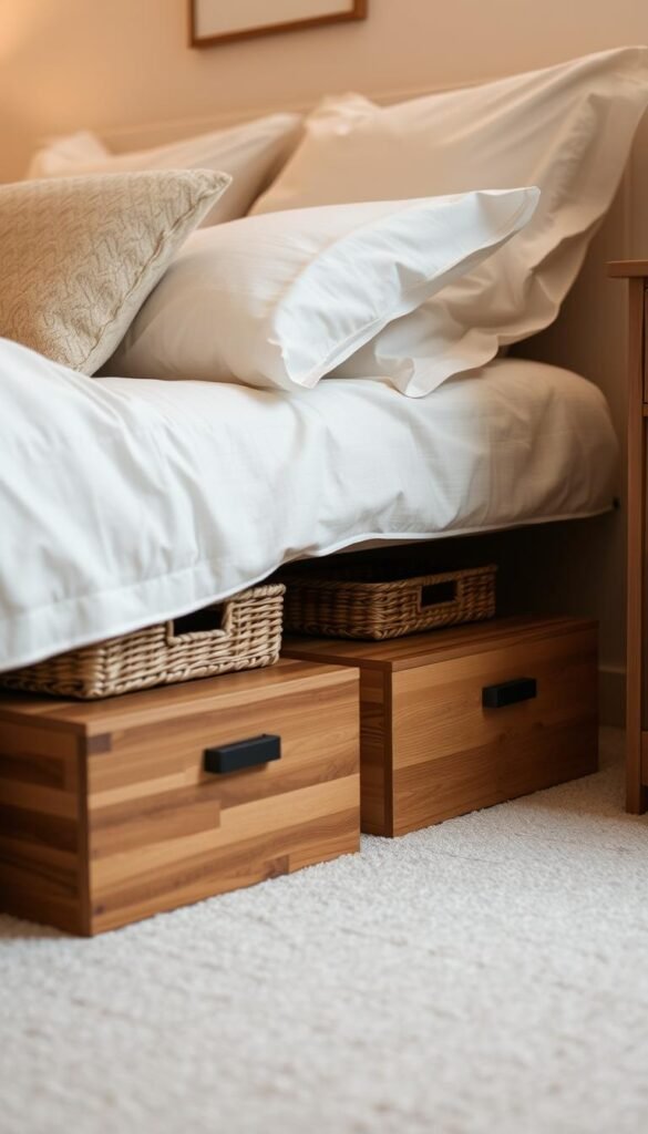 Cozy under-bed storage solutions in a warm, inviting bedroom. Soft lighting illuminates sleek wooden drawers and woven baskets, neatly tucked away beneath a plush mattress. The composition showcases the efficient use of underutilized space, with a balanced blend of textures, colors, and organizational elements. A serene, clutter-free atmosphere pervades, highlighting the practical and stylish nature of this hidden storage system. Cozy under-bed storage solutions in a warm, inviting bedroom. Soft lighting illuminates sleek wooden drawers and woven baskets, neatly tucked away beneath a plush mattress. The composition showcases the efficient use of underutilized space, with a balanced blend of textures, colors, and organizational elements. A serene, clutter-free atmosphere pervades, highlighting the practical and stylish nature of this hidden storage system.