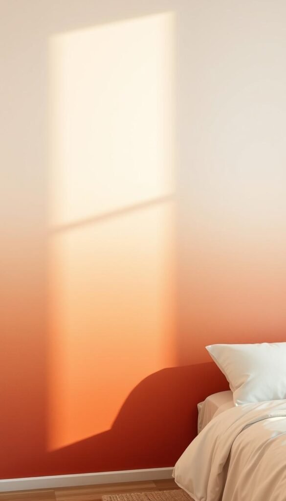 Delicate ombre gradient wall, transitioning from soft white at the top to a rich, warm clay tone at the bottom. Subtle textural brushstrokes add depth and visual interest. Warm, natural lighting creates a serene, inviting atmosphere. Angled shot captures the full height of the feature wall, showcasing its elegant, calming presence. Minimalist decor allows the ombre effect to be the focal point, creating a soothing, meditative ambiance perfect for a restful bedroom retreat.