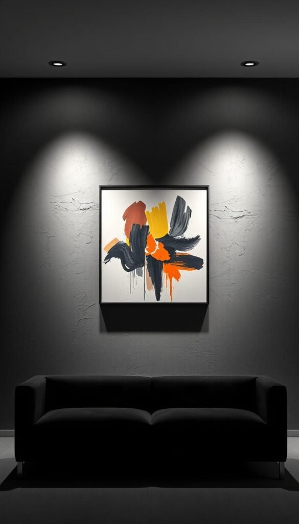 Dramatic dark grey feature wall with a modern abstract artwork in the center, illuminated by dramatic studio lighting. The artwork has bold brushstrokes in a mix of colors, creating a striking focal point. The wall is textured, adding depth and interest. The lighting casts dramatic shadows, creating a moody, atmospheric ambiance. A minimalist, high-contrast scene that commands attention and sets the tone for a sophisticated, modern grey living room design. Dramatic dark grey feature wall with a modern abstract artwork in the center, illuminated by dramatic studio lighting. The artwork has bold brushstrokes in a mix of colors, creating a striking focal point. The wall is textured, adding depth and interest. The lighting casts dramatic shadows, creating a moody, atmospheric ambiance. A minimalist, high-contrast scene that commands attention and sets the tone for a sophisticated, modern grey living room design.