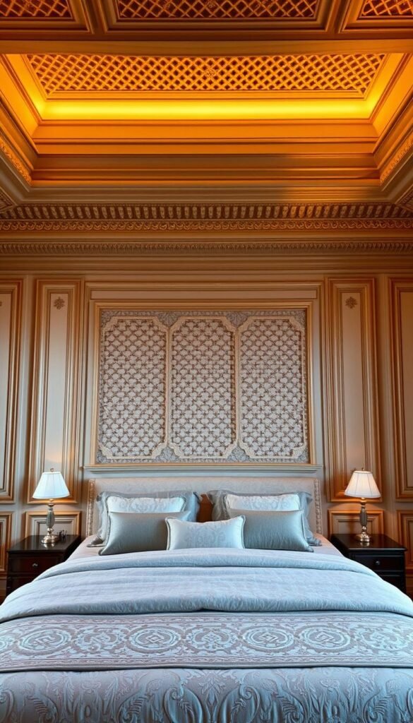 Elegant bedroom interior featuring intricate lattice and trim paneling. Warm, soft lighting illuminates the detailed woodwork, casting gentle shadows that add depth and dimension. The lattice design flows seamlessly from the headboard wall, extending across the ceiling and down the adjacent walls, creating a cohesive, visually striking aesthetic. Plush textiles and natural wood tones blend harmoniously, evoking a sense of timeless sophistication. High-resolution, high-quality digital photograph taken with a professional DSLR camera, using a wide-angle lens to capture the full scope of the room. Elegant bedroom interior featuring intricate lattice and trim paneling. Warm, soft lighting illuminates the detailed woodwork, casting gentle shadows that add depth and dimension. The lattice design flows seamlessly from the headboard wall, extending across the ceiling and down the adjacent walls, creating a cohesive, visually striking aesthetic. Plush textiles and natural wood tones blend harmoniously, evoking a sense of timeless sophistication. High-resolution, high-quality digital photograph taken with a professional DSLR camera, using a wide-angle lens to capture the full scope of the room.