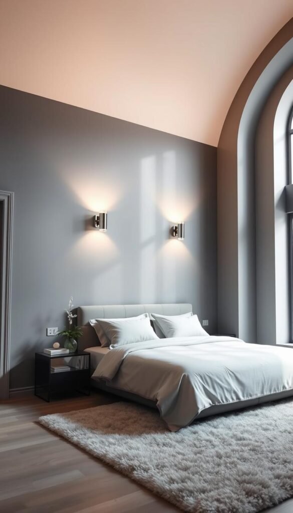 Elegant gray bedroom walls with a subtle sheen, bathed in soft, warm lighting from a pair of sleek, modern wall sconces. The minimalist decor creates an atmosphere of refined sophistication, with a plush, neutral-toned area rug anchoring the space and complementing the tranquil color palette. Tall, arched windows allow natural light to filter in, casting gentle shadows and adding depth to the scene. The overall impression is one of serene, understated luxury - a calming, restorative haven for the senses. Elegant gray bedroom walls with a subtle sheen, bathed in soft, warm lighting from a pair of sleek, modern wall sconces. The minimalist decor creates an atmosphere of refined sophistication, with a plush, neutral-toned area rug anchoring the space and complementing the tranquil color palette. Tall, arched windows allow natural light to filter in, casting gentle shadows and adding depth to the scene. The overall impression is one of serene, understated luxury - a calming, restorative haven for the senses.