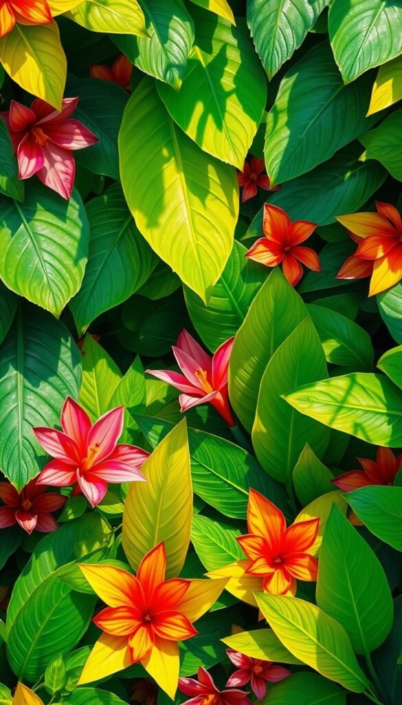 Lush, vibrant tropical foliage fills the frame, creating a stunning botanical wallpaper pattern. The leaves are rendered in a range of verdant hues, from deep emerald to bright chartreuse, with delicate veining and textures that add depth and realism. Interspersed among the foliage are colorful blooms, their petals unfurling in a kaleidoscope of tropical colors - vivid pink, sunset orange, and deep indigo. Dappled sunlight filters through the leaves, casting soft, natural shadows that add dimension and a sense of depth to the composition. The overall effect is one of lush, inviting naturalism, perfectly capturing the essence of a botanical, tropical-inspired wallpaper design. Lush, vibrant tropical foliage fills the frame, creating a stunning botanical wallpaper pattern. The leaves are rendered in a range of verdant hues, from deep emerald to bright chartreuse, with delicate veining and textures that add depth and realism. Interspersed among the foliage are colorful blooms, their petals unfurling in a kaleidoscope of tropical colors - vivid pink, sunset orange, and deep indigo. Dappled sunlight filters through the leaves, casting soft, natural shadows that add dimension and a sense of depth to the composition. The overall effect is one of lush, inviting naturalism, perfectly capturing the essence of a botanical, tropical-inspired wallpaper design.