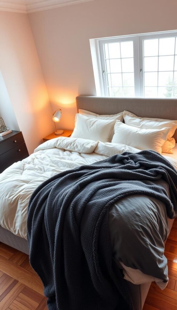 Luxurious duvet and blanket arrangement on a plush, king-size bed. Soft, ivory-colored duvet cover with a subtle sheen, complemented by a thick, plush charcoal gray blanket draped elegantly across the foot of the bed. Warm, ambient lighting casts a cozy glow, creating an inviting and relaxing atmosphere. The bed is positioned in a spacious, well-appointed bedroom with neutral-toned walls and hardwood flooring. A large window in the background allows natural light to filter in, enhancing the overall sense of warmth and comfort. The composition is captured from a slight overhead angle, showcasing the luxurious textures and layers of the bedding.