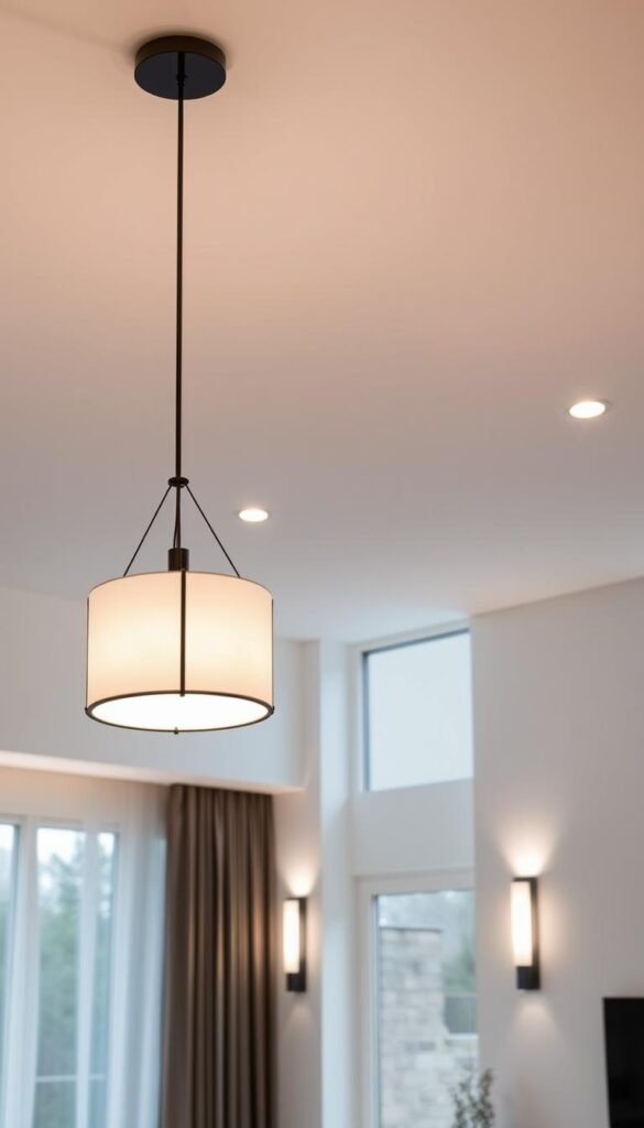 Minimalist lighting fixtures suspended in a sleek, modern living room. Geometric pendant lamps with clean lines and muted tones cast a soft, ambient glow. Recessed ceiling lights provide subtle illumination, accentuating the clean, uncluttered aesthetic. Streamlined wall sconces flank a large window, allowing natural light to filter in and interact with the artificial lighting. The overall scene exudes a sense of understated elegance and visual harmony, perfectly complementing a minimalist home design. Minimalist lighting fixtures suspended in a sleek, modern living room. Geometric pendant lamps with clean lines and muted tones cast a soft, ambient glow. Recessed ceiling lights provide subtle illumination, accentuating the clean, uncluttered aesthetic. Streamlined wall sconces flank a large window, allowing natural light to filter in and interact with the artificial lighting. The overall scene exudes a sense of understated elegance and visual harmony, perfectly complementing a minimalist home design.