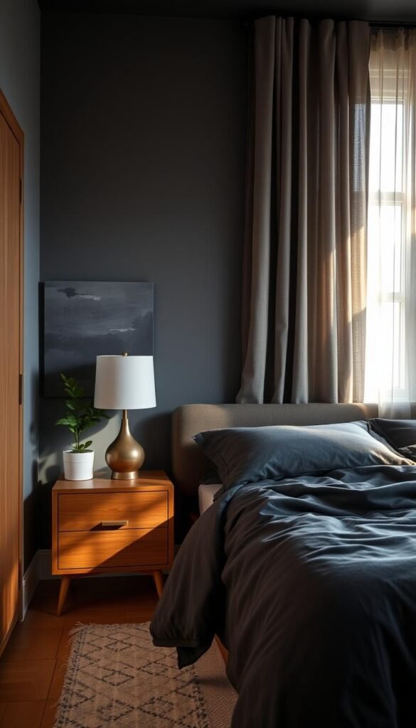 Moody and serene bedroom in muted neutral tones. Soft light filters through sheer curtains, casting a warm glow. Textured gray walls, oak wood furniture, and plush charcoal bedding create a calming, sophisticated ambiance. A sleek mid-century modern nightstand holds a table lamp with a minimalist linen shade. Hints of greenery from a potted plant and abstract artwork on the walls add subtle pops of color. The overall scene exudes a mature, masculine aesthetic that feels cozy and inviting. Moody and serene bedroom in muted neutral tones. Soft light filters through sheer curtains, casting a warm glow. Textured gray walls, oak wood furniture, and plush charcoal bedding create a calming, sophisticated ambiance. A sleek mid-century modern nightstand holds a table lamp with a minimalist linen shade. Hints of greenery from a potted plant and abstract artwork on the walls add subtle pops of color. The overall scene exudes a mature, masculine aesthetic that feels cozy and inviting.