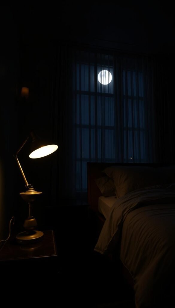 Moody bedroom with layered lighting: a dramatic chiaroscuro scene. In the foreground, a task lamp casts a warm, focused glow on a vintage nightstand, its angular brass body and conical shade creating intriguing shadows. The middle ground features a pair of wall sconces, their soft, diffused illumination washing over the crisp, white bedding. In the background, a large picture window frames the night sky, moonlight filtering through sheer curtains to bathe the space in a cool, ethereal light. Vignettes of light and shadow interplay, evoking a sense of depth and mystery. High-contrast, cinematic feel captured with a wide-angle lens. Moody bedroom with layered lighting: a dramatic chiaroscuro scene. In the foreground, a task lamp casts a warm, focused glow on a vintage nightstand, its angular brass body and conical shade creating intriguing shadows. The middle ground features a pair of wall sconces, their soft, diffused illumination washing over the crisp, white bedding. In the background, a large picture window frames the night sky, moonlight filtering through sheer curtains to bathe the space in a cool, ethereal light. Vignettes of light and shadow interplay, evoking a sense of depth and mystery. High-contrast, cinematic feel captured with a wide-angle lens.