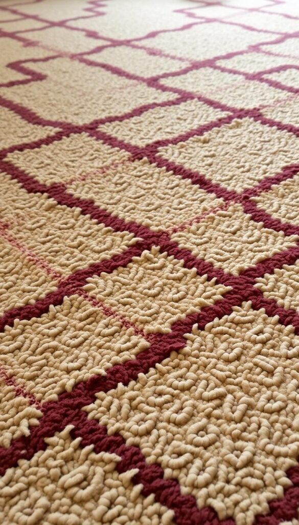 Patterned carpet with a rich, cozy texture fills the frame, its intricate geometric design drawing the eye inward. Warm, muted tones of beige, brown, and burgundy create a soothing, inviting atmosphere. The carpet appears softly illuminated, with subtle highlights and shadows accentuating the plush, luxurious surface. The composition emphasizes the pattern's visual interest, filling the majority of the image and inviting the viewer to imagine how such a carpet would look and feel underfoot in a cozy bedroom setting. Patterned carpet with a rich, cozy texture fills the frame, its intricate geometric design drawing the eye inward. Warm, muted tones of beige, brown, and burgundy create a soothing, inviting atmosphere. The carpet appears softly illuminated, with subtle highlights and shadows accentuating the plush, luxurious surface. The composition emphasizes the pattern's visual interest, filling the majority of the image and inviting the viewer to imagine how such a carpet would look and feel underfoot in a cozy bedroom setting.